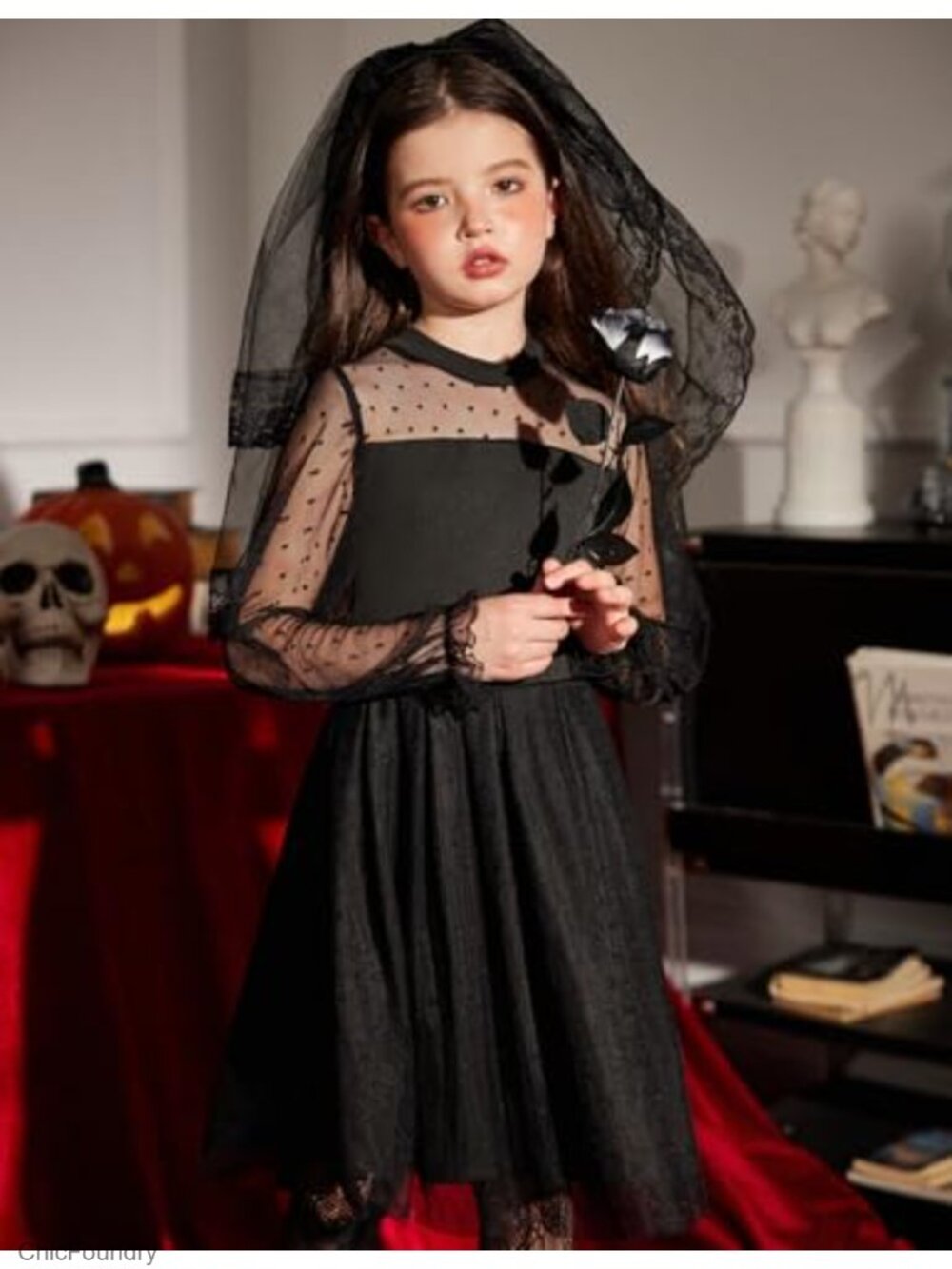 Girls Contrast Mesh Puff Sleeve Mock Neck Formal A-Line Tulle Party Dress - Picture 5 of 6